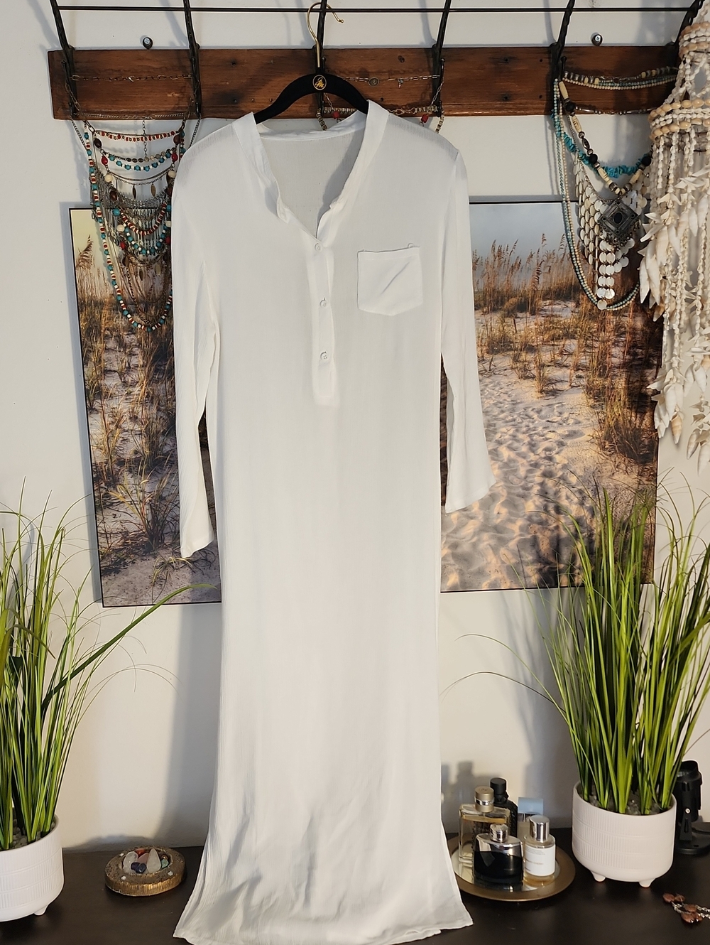 Women’s White Long Sleeve Maxi Shirt Dress with Pocket
